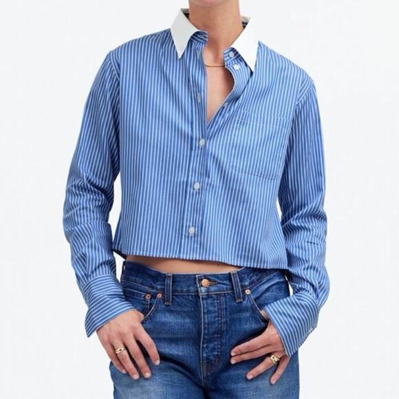 Madewell Relaxed Cropped Button-Up Shirt Deep Blue White Stripe Size Large NWT - Picture 1 of 8